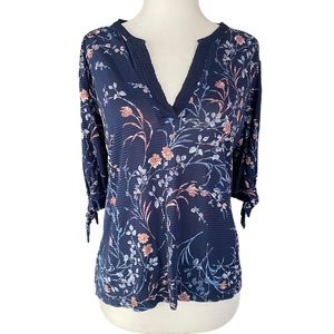 Lucky Brand Navy Stripes Floral Top Medium